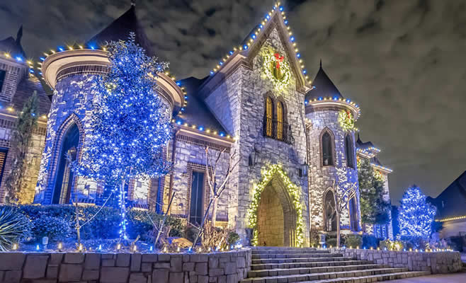Blue Christmas lit mansion